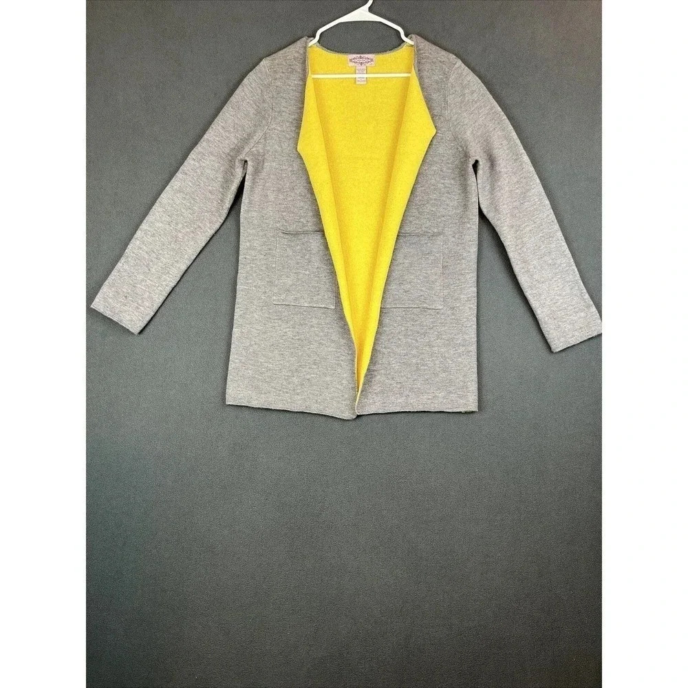 Oliver by Escio Women Sweater Large Gray Wool Angora Blend Cardigan Mustard Trim